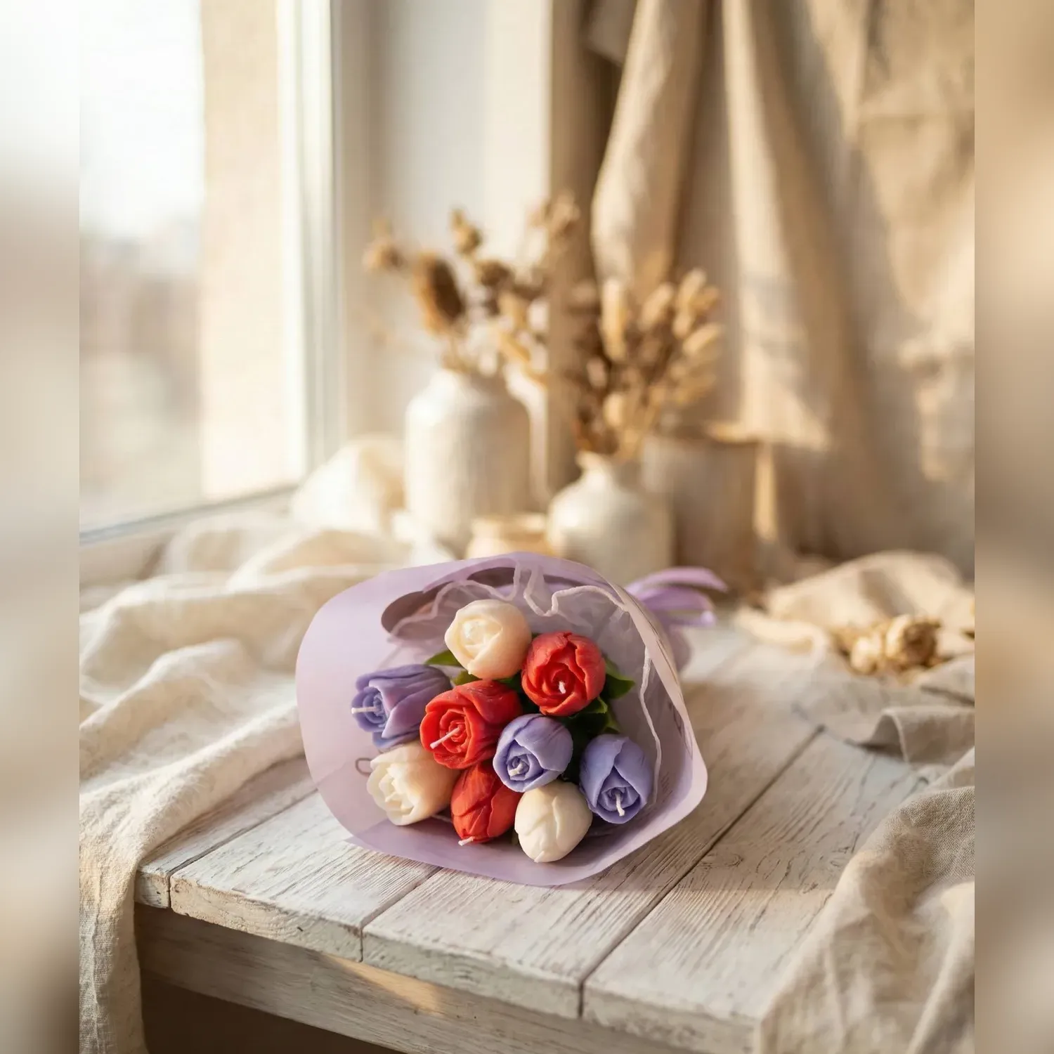 Buchet cu 9 lalele din ceară de soia, în roșu, lila și crem